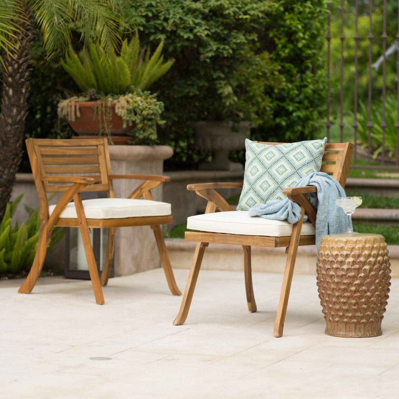 GDFStudio Helen Outdoor Teak Finish Acacia Wood Arm Chair Set of